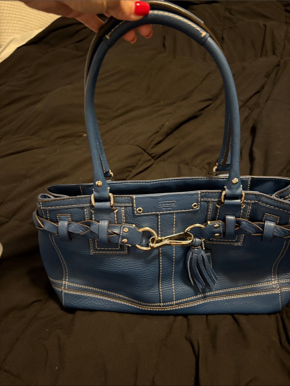 Coach Blue Leather Shoulder Tote with Braided Trim and Tassel